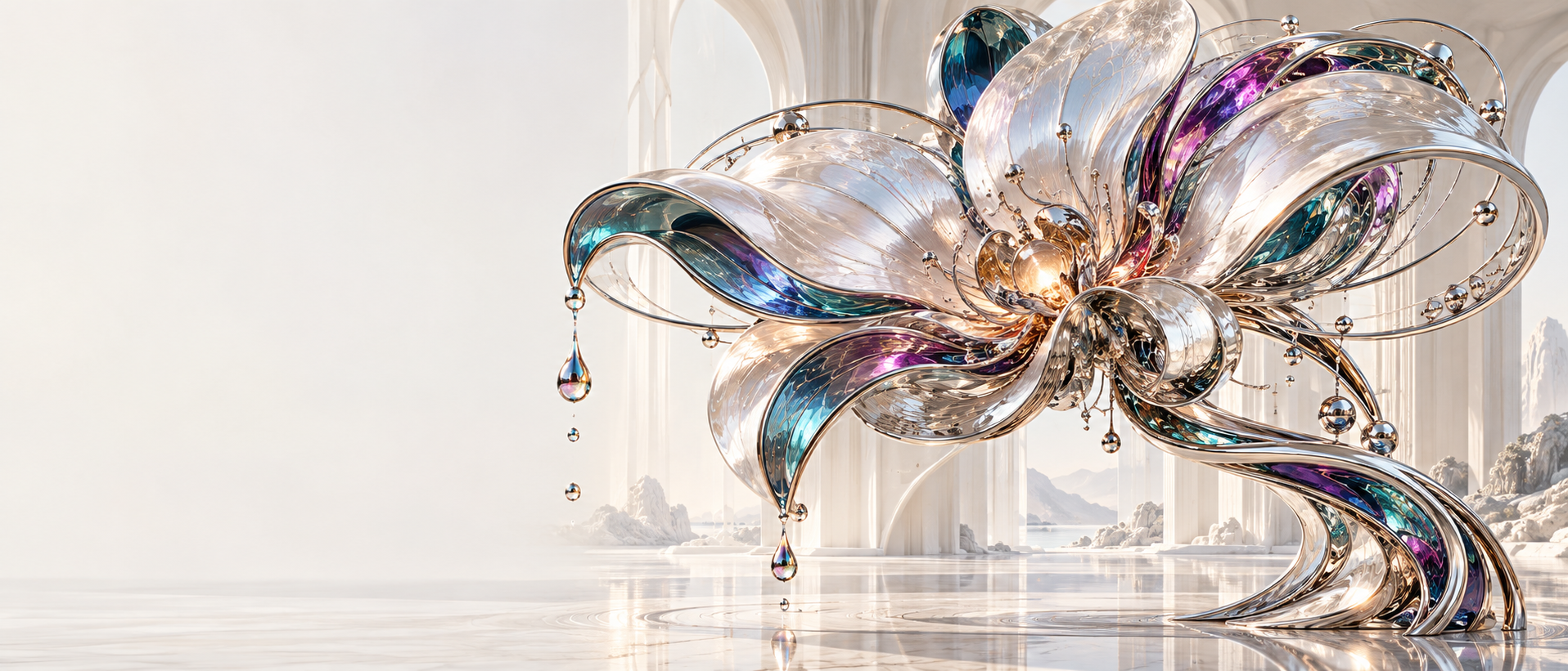 A luminous mechanical flower sculpted from chrome, platinum and iridescent alloy inside a pearl-white architectural space.