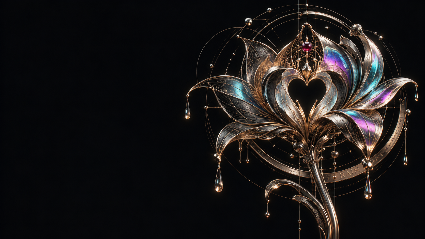An intricate metallic flower with orbital rings, amber light and luminous blue and violet alloy accents against obsidian.