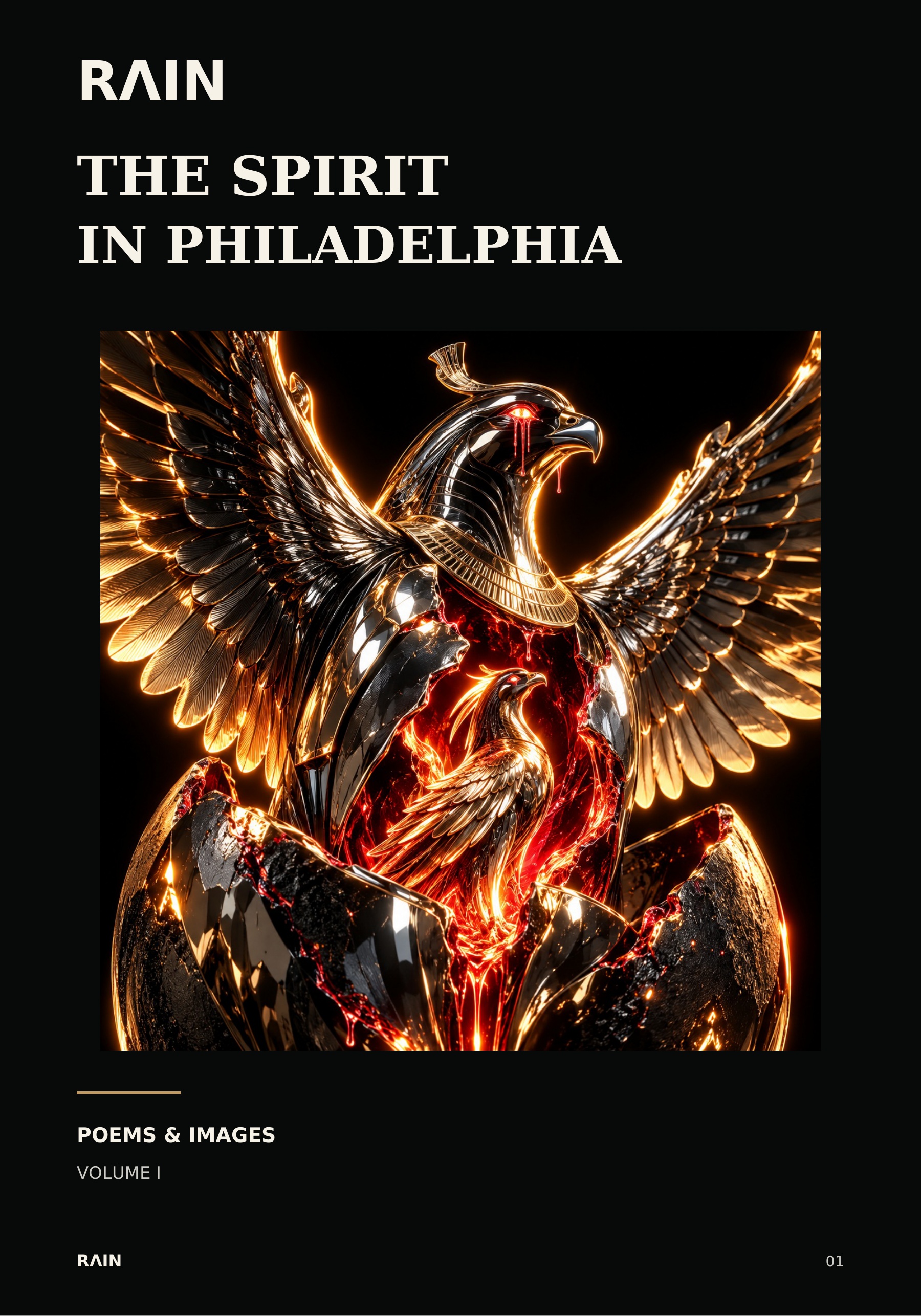 Cover of The Spirit in Philadelphia by RΛIN, showing a golden Phoenix emerging inside a larger metallic bird.